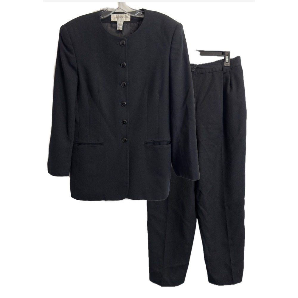 Vintage Jones New York Womens 10 Black Worsted Wool Pant Suit Set Collarless